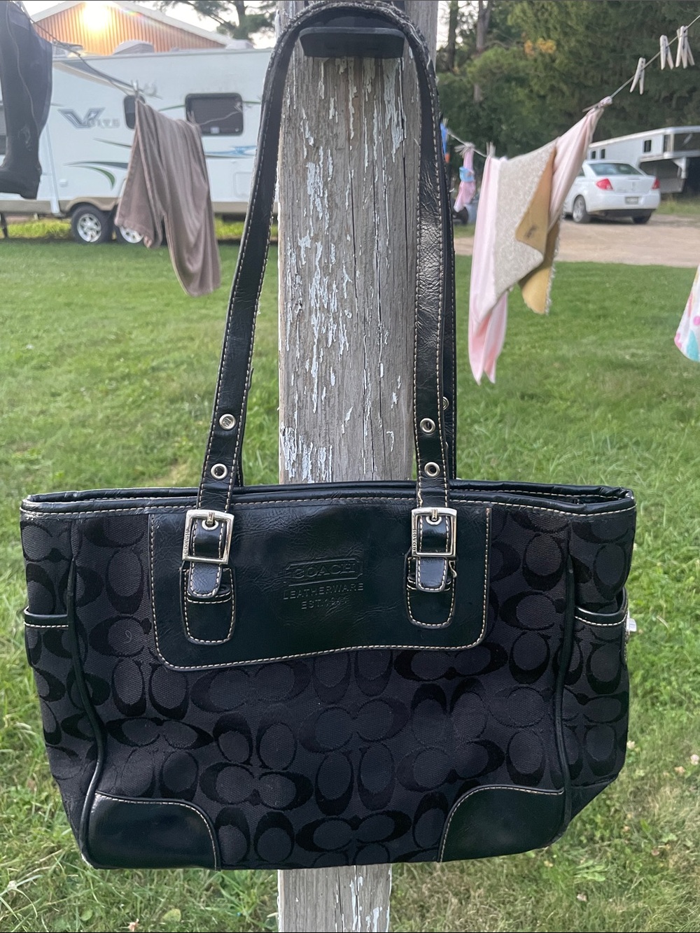 Coach Black Signature Canvas Shoulder Bag with Leather Trim